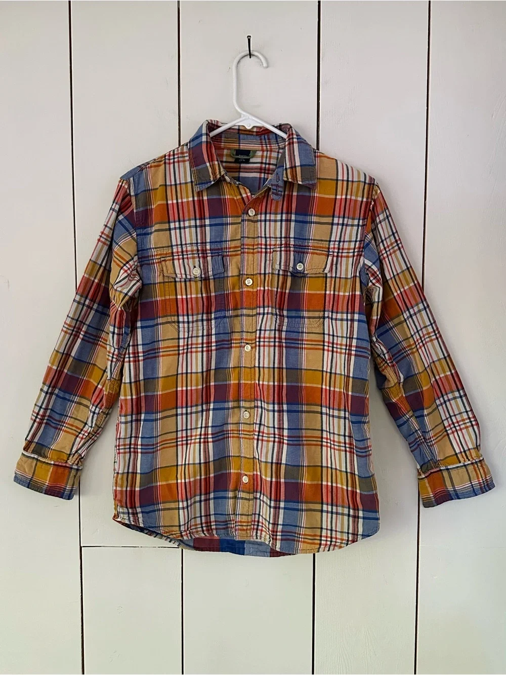 Gap Madras Plaid Button-Up Shirt Kids XXL 14-16 Orange Blue Double Layer Cotton